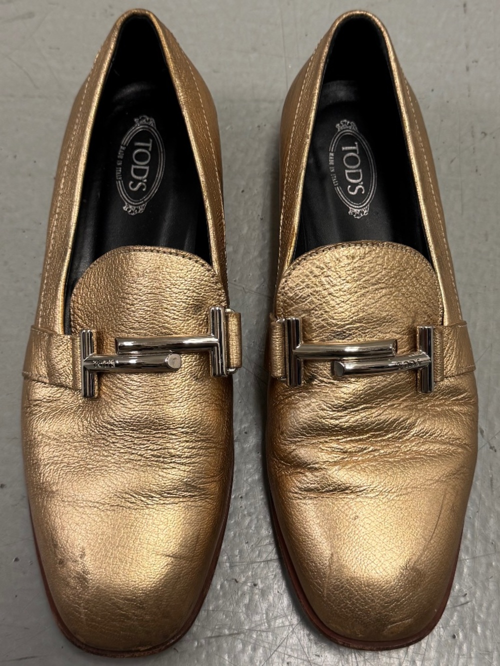 Tod's Double T Golden Leather Loafers, Size 6.5